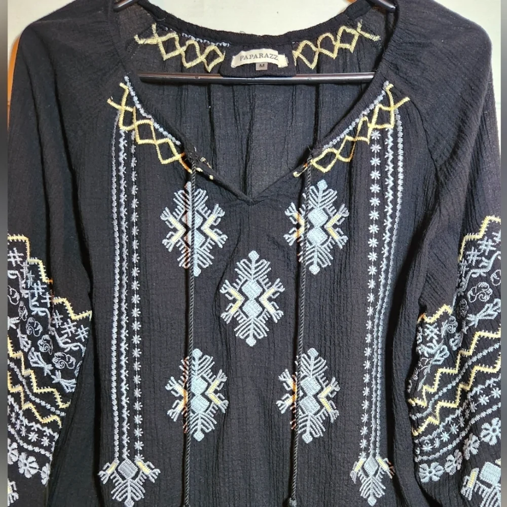 Paparazzi Boho Embroidered Black Top Tunic 100% Cotton Size M Hippie Cottagecore - Picture 6 of 6